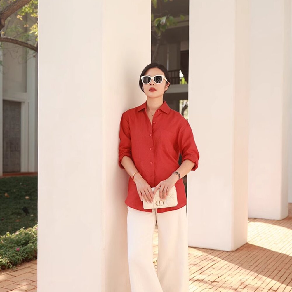 Women 100% Linen Shirt – Firework Red, Size S, Minimalist Style